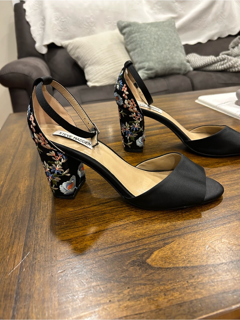 Steve Madden Black Satin Heels with Floral Embroidered Block Heel